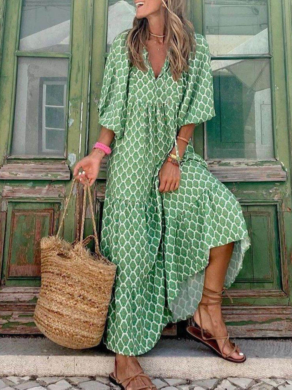 Abito Lungo Boho con Stampa Etnica