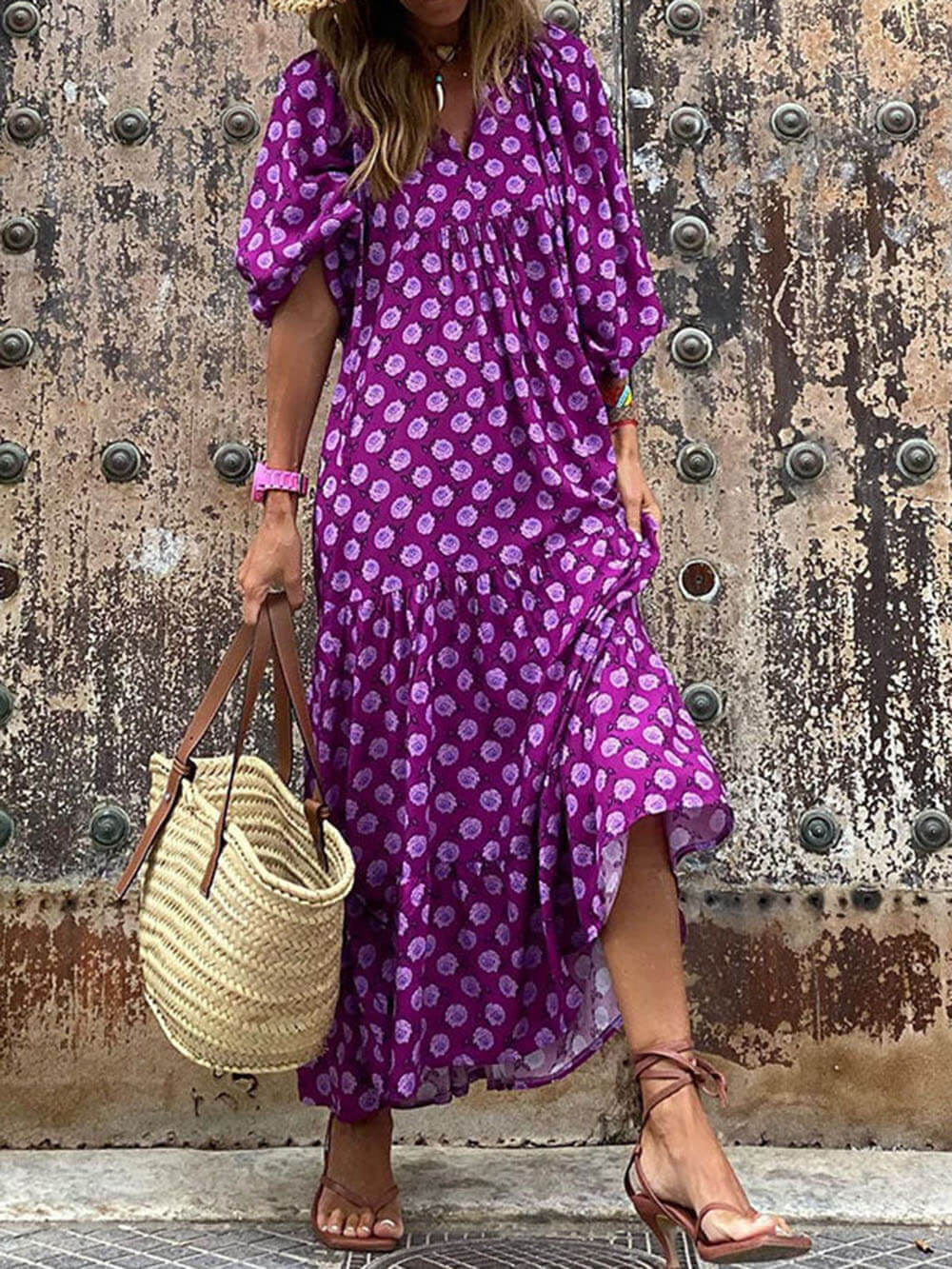 Abito Lungo Boho con Stampa Etnica