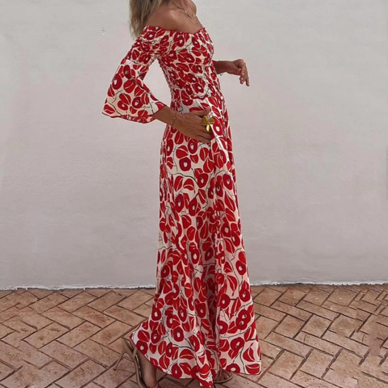 Abito Lungo con Spalle Scoperte e Stampa Floreale – Eleganza e Freschezza Estiva