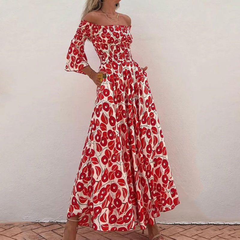 Abito Lungo con Spalle Scoperte e Stampa Floreale – Eleganza e Freschezza Estiva