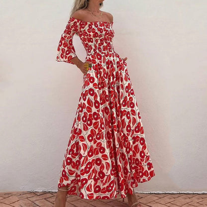 Abito Lungo con Spalle Scoperte e Stampa Floreale – Eleganza e Freschezza Estiva