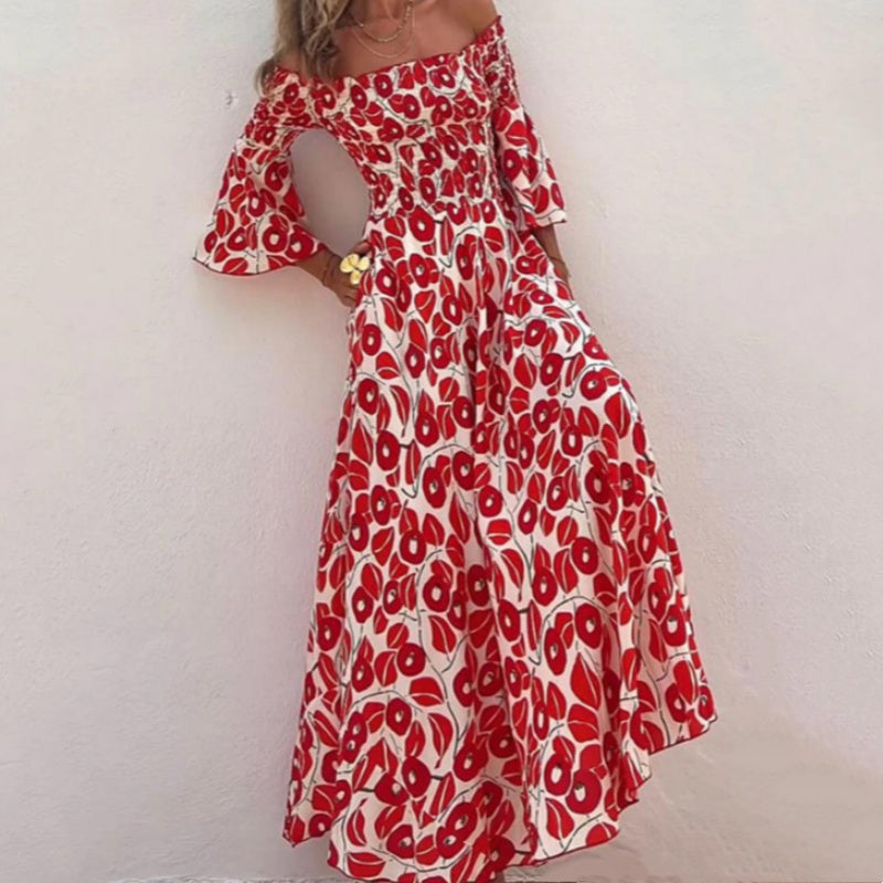 Abito Lungo con Spalle Scoperte e Stampa Floreale – Eleganza e Freschezza Estiva