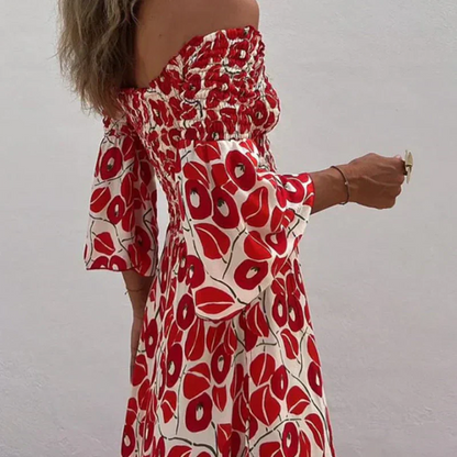 Abito Lungo con Spalle Scoperte e Stampa Floreale – Eleganza e Freschezza Estiva