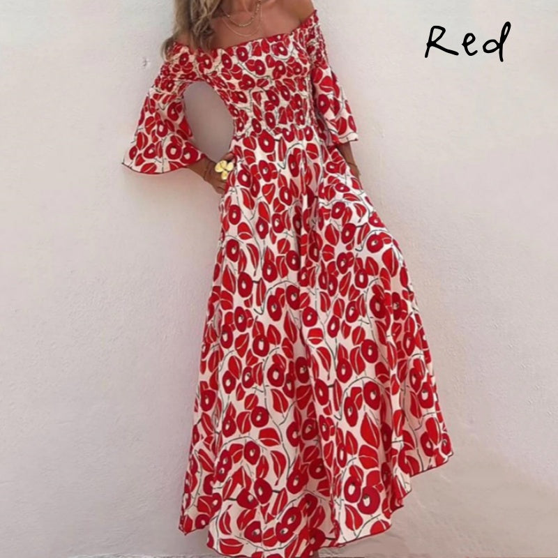 Abito Lungo con Spalle Scoperte e Stampa Floreale – Eleganza e Freschezza Estiva